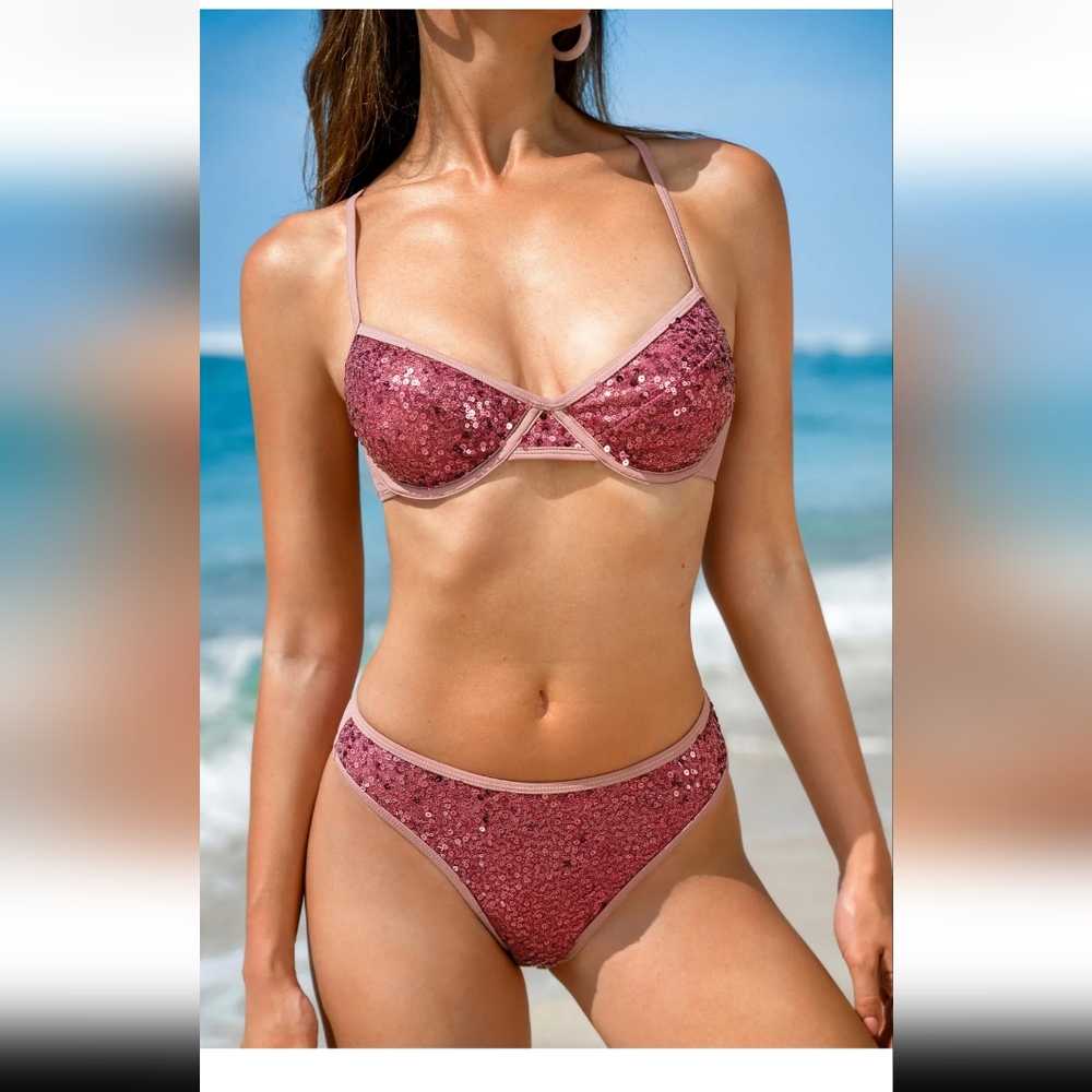 Cupshe Pink Bikini Set Underwire Adjustable Straps